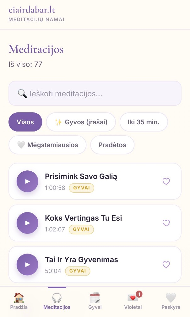 Violetos Meditacijų Namai telefone – meditacijų biblioteka su paieška